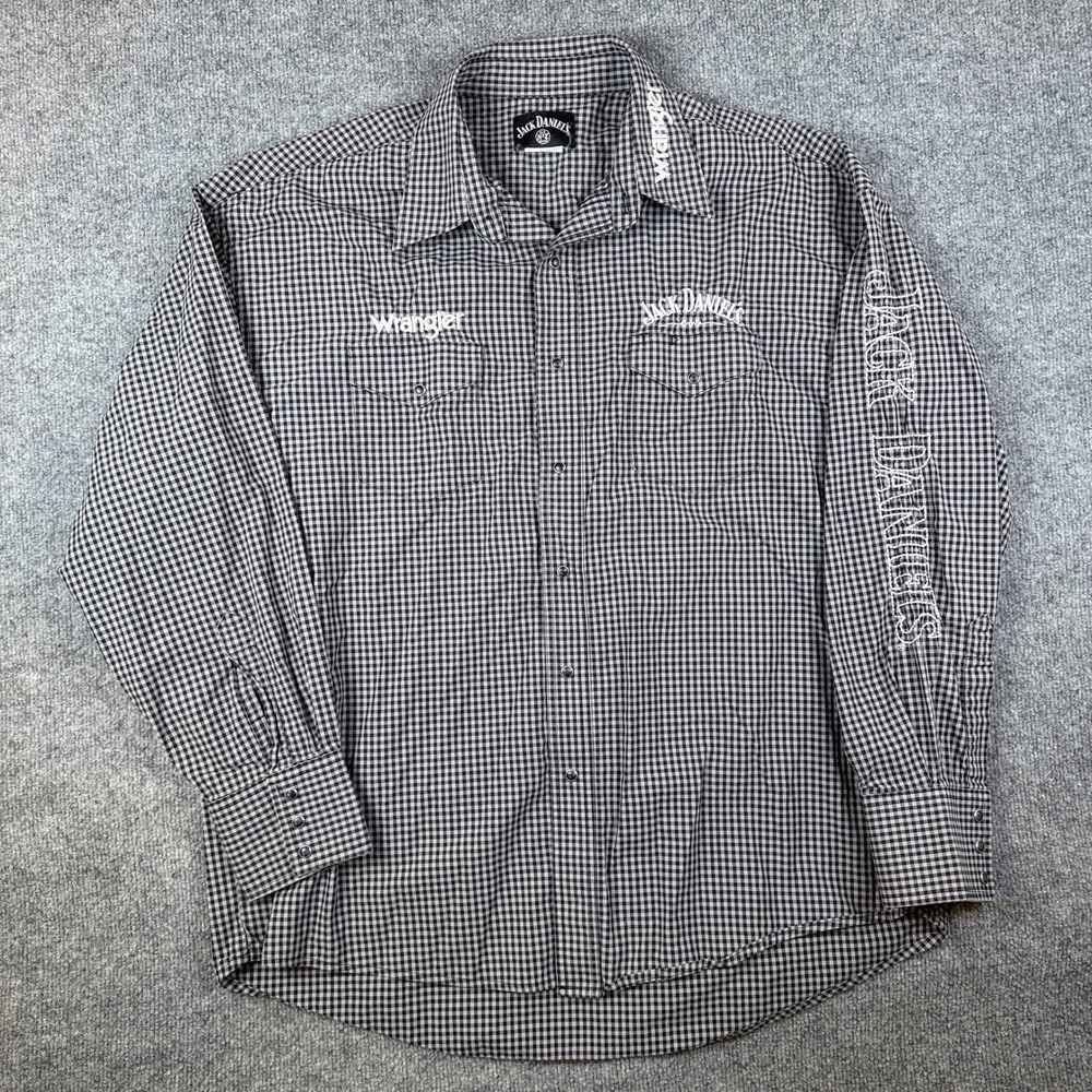 Wrangler Jack Daniels Whiskey Shirt Mens Xl Gray Long Sleeve Western Pearl Snap
